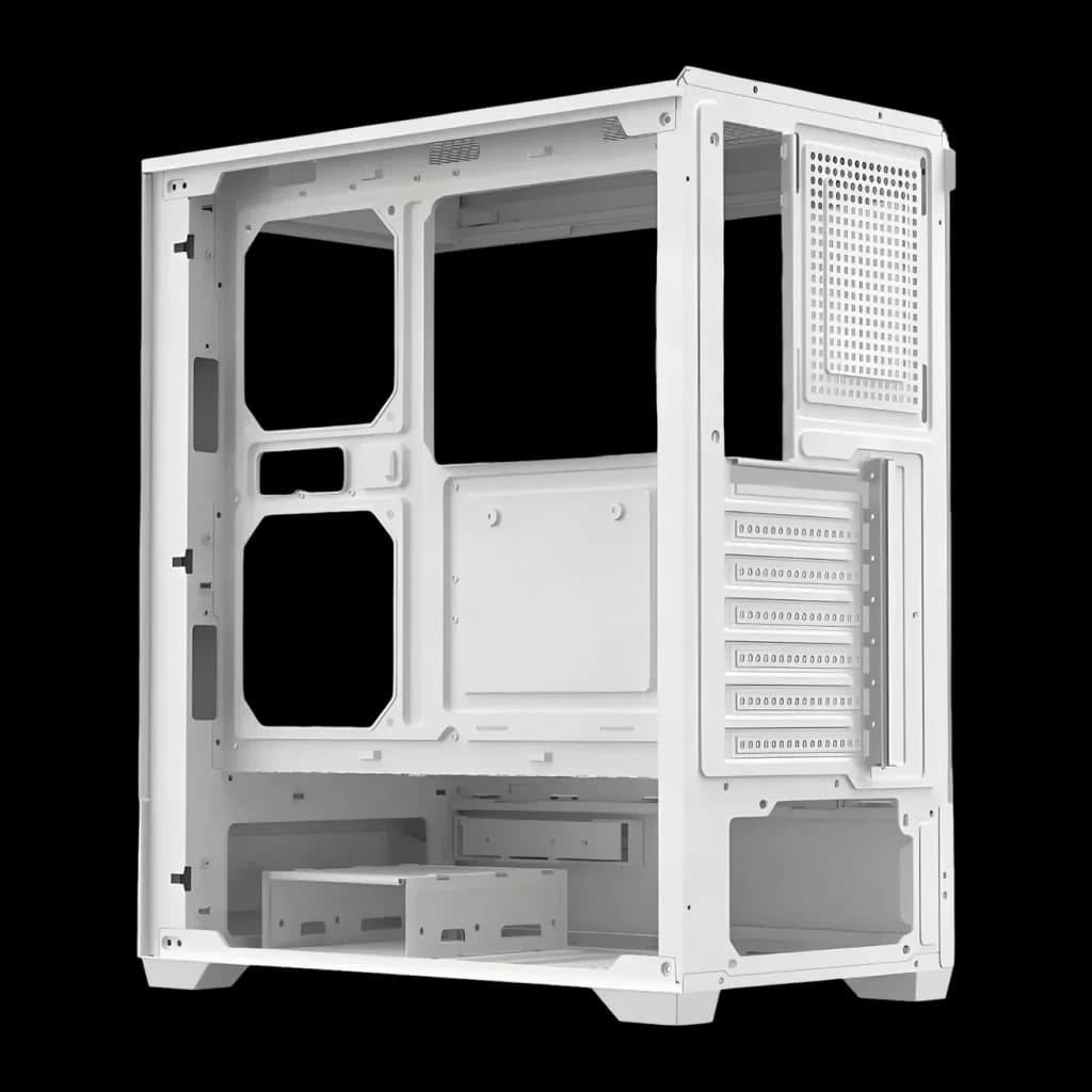 Caixa PC Darkflash C365 Vidro Temperado 270° ATX/M-ATX/ITX Branco, vista traseira: interior sem painéis, slots PCIe, zona