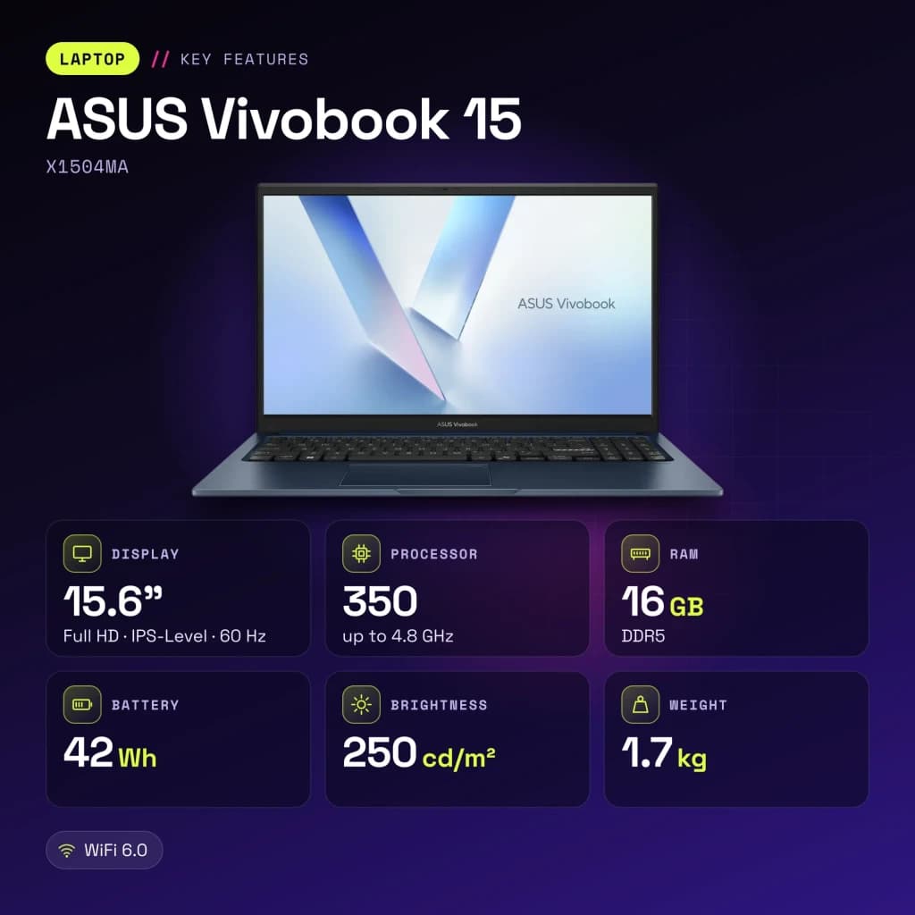 Portátil ASUS Vivobook 15 16GB/512GB 15,6 polegadas FHD IPS Intel Core 7 350 SSD NVMe PCIe 4.0 Windows 11 Home Azul Teclado Francês X1504MA - características
