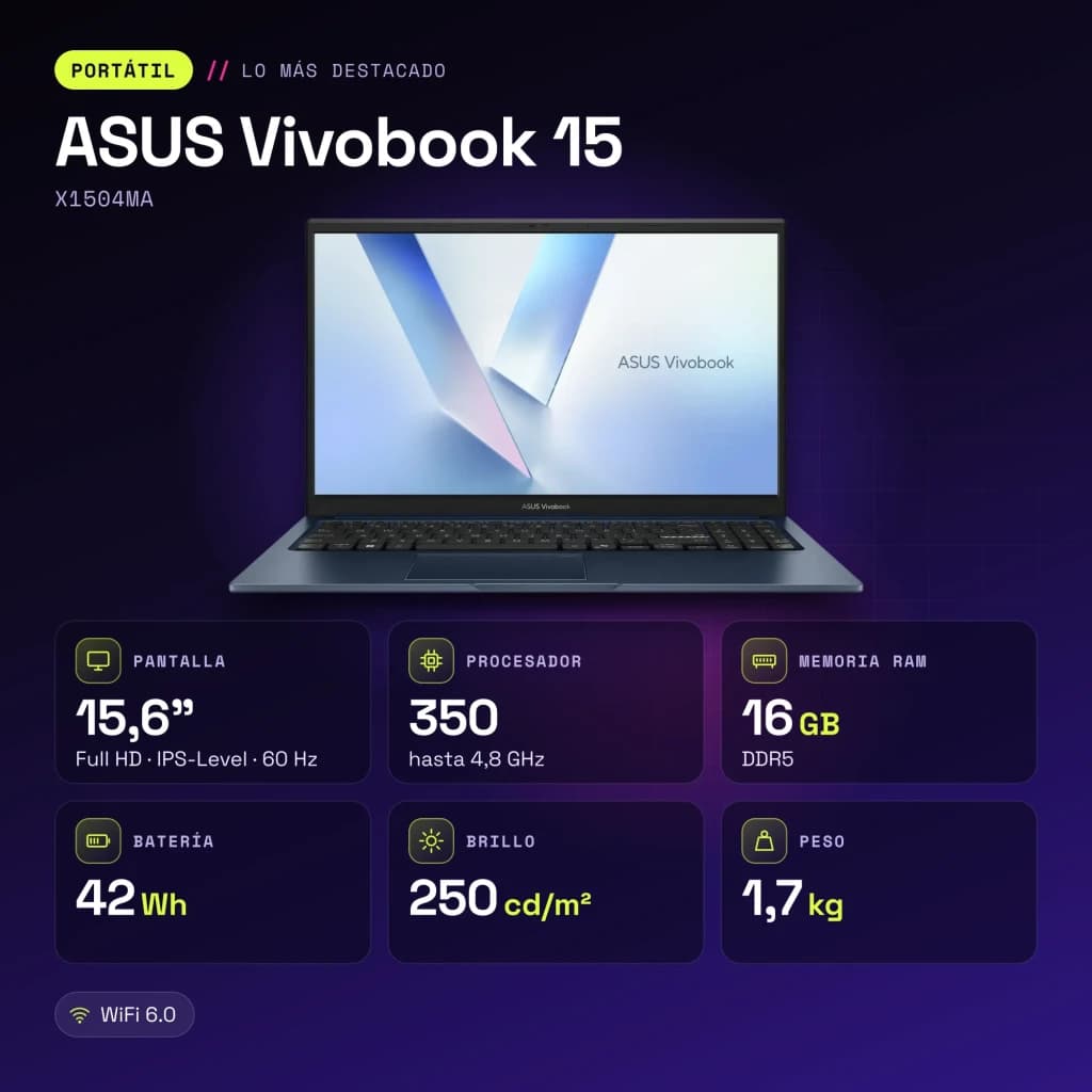 Portátil ASUS Vivobook 15 16GB/512GB 15,6 polegadas FHD IPS Intel Core 7 350 SSD NVMe PCIe 4.0 Windows 11 Home Azul Teclado Francês X1504MA - características
