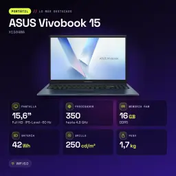 Portátil ASUS Vivobook 15 16GB/512GB 15,6 polegadas FHD IPS Intel Core 7 350 SSD NVMe PCIe 4.0 Windows 11 Home Azul Teclado Francês X1504MA - características