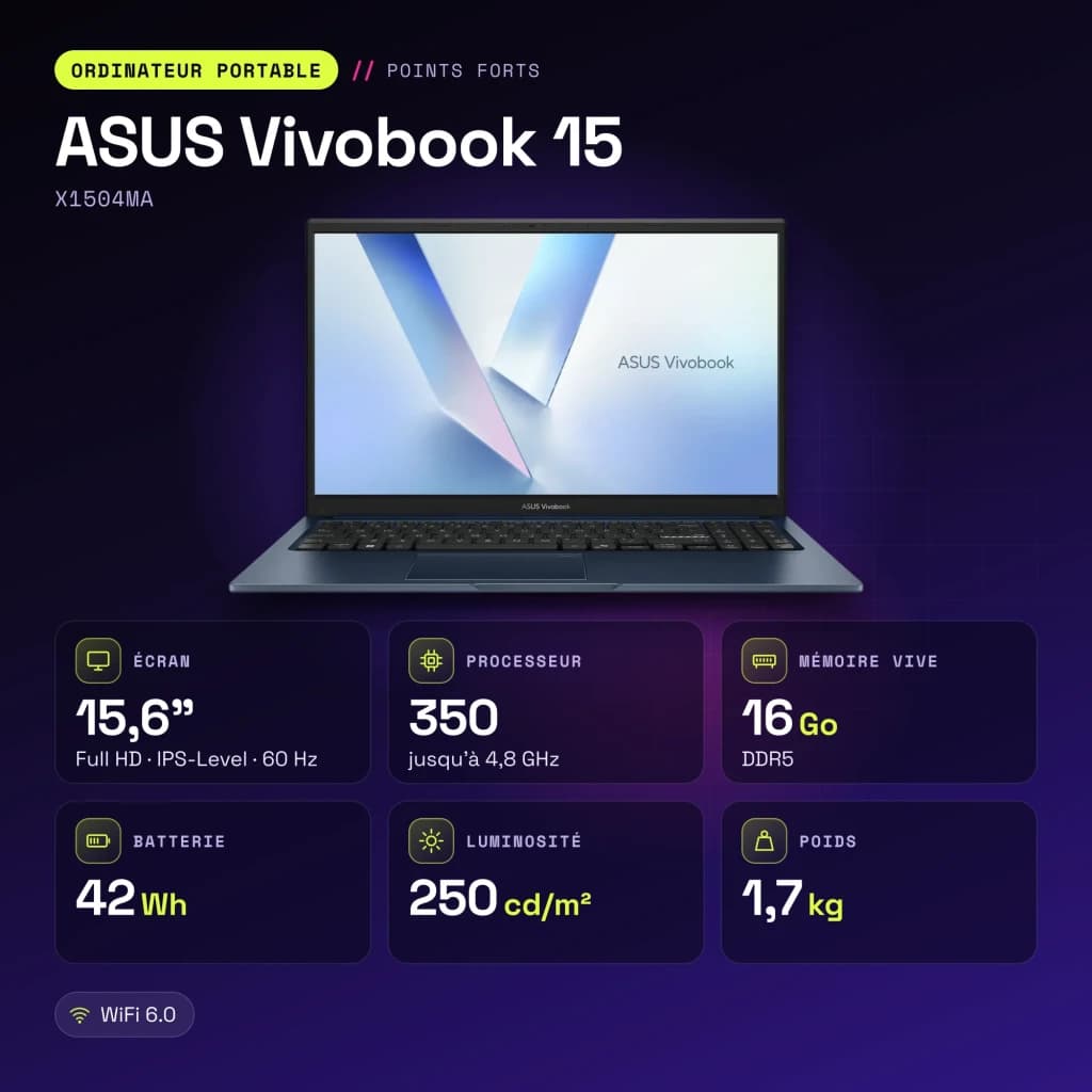 Portátil ASUS Vivobook 15 16GB/512GB 15,6 polegadas FHD IPS Intel Core 7 350 SSD NVMe PCIe 4.0 Windows 11 Home Azul Teclado Francês X1504MA - características