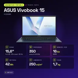 Portátil ASUS Vivobook 15 16GB/512GB 15,6 polegadas FHD IPS Intel Core 7 350 SSD NVMe PCIe 4.0 Windows 11 Home Azul Teclado Francês X1504MA - características