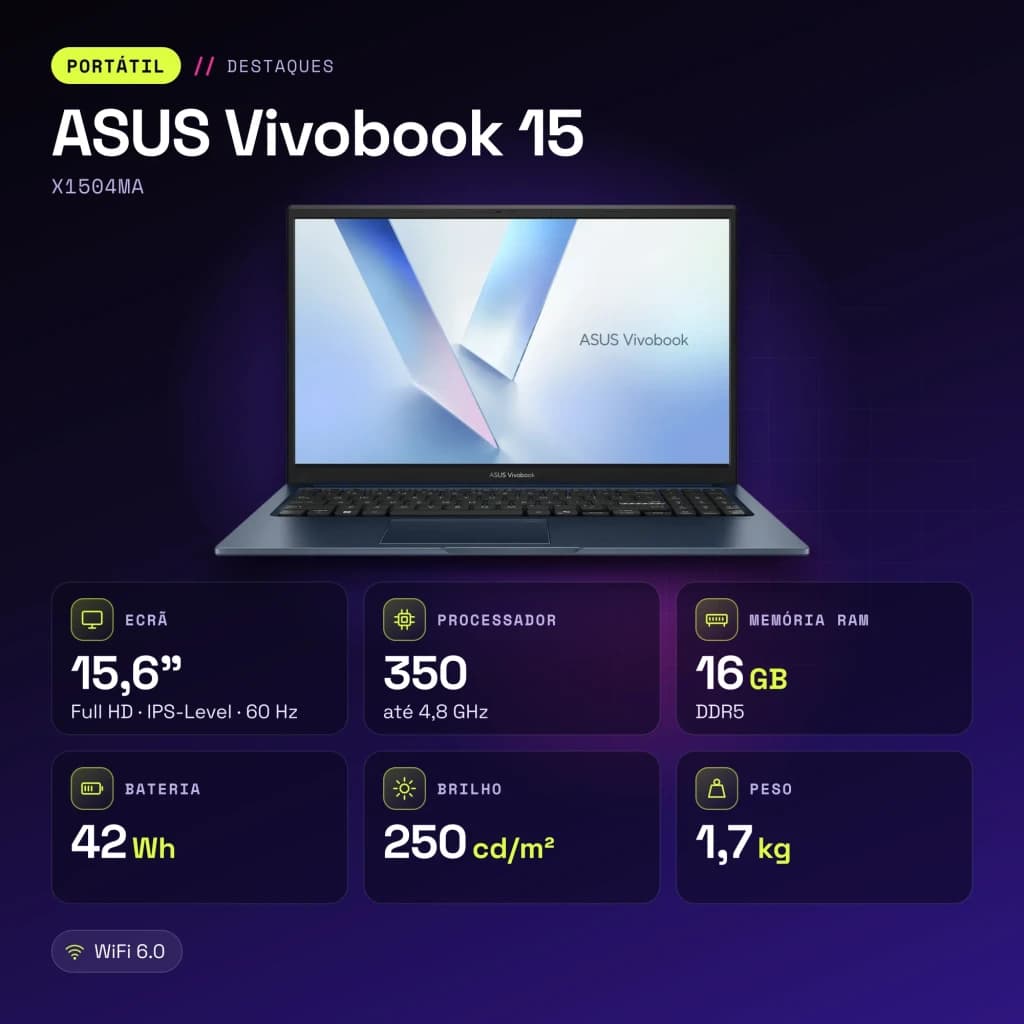 Portátil ASUS Vivobook 15 16GB/512GB 15,6 polegadas FHD IPS Intel Core 7 350 SSD NVMe PCIe 4.0 Windows 11 Home Azul Teclado Francês X1504MA - características