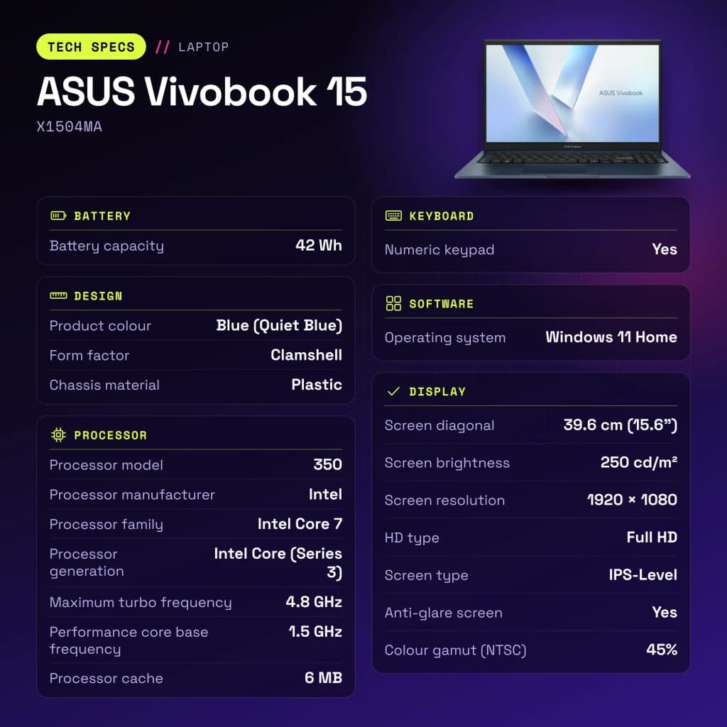 Portátil ASUS Vivobook 15 16GB/512GB 15,6 polegadas FHD IPS Intel Core 7 350 SSD NVMe PCIe 4.0 Windows 11 Home Azul Teclado Francês X1504MA - características