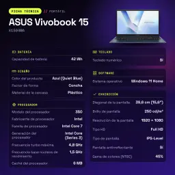 Portátil ASUS Vivobook 15 16GB/512GB 15,6 polegadas FHD IPS Intel Core 7 350 SSD NVMe PCIe 4.0 Windows 11 Home Azul Teclado Francês X1504MA - características