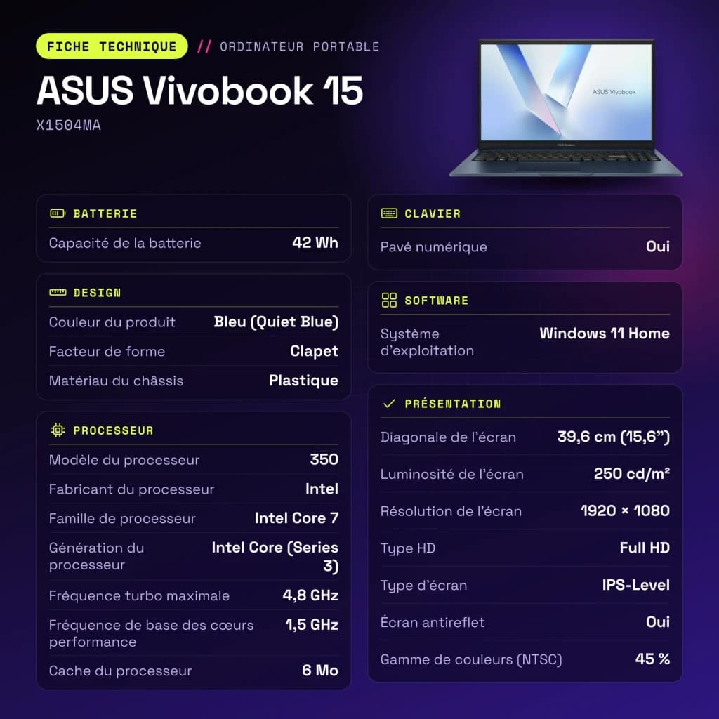 Portátil ASUS Vivobook 15 16GB/512GB 15,6 polegadas FHD IPS Intel Core 7 350 SSD NVMe PCIe 4.0 Windows 11 Home Azul Teclado Francês X1504MA - características