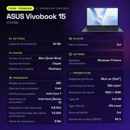 Portátil ASUS Vivobook 15 16GB/512GB 15,6 polegadas FHD IPS Intel Core 7 350 SSD NVMe PCIe 4.0 Windows 11 Home Azul Teclado Francês X1504MA - características
