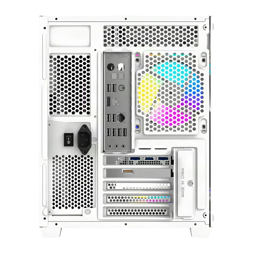 Boîtier PC Darkflash B275 PRO Verre Trempé 270° M-ATX / ITX 6 Ventilateurs Blanc, vue arrière: panneau I/O carte mère