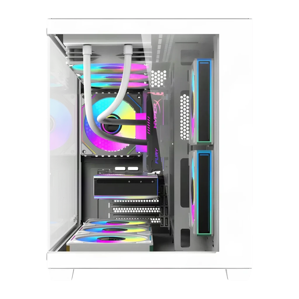 Boîtier PC Darkflash B275 PRO Verre Trempé 270° M-ATX / ITX 6 Ventilateurs Blanc, détail: intérieur avec ventilateurs RGB