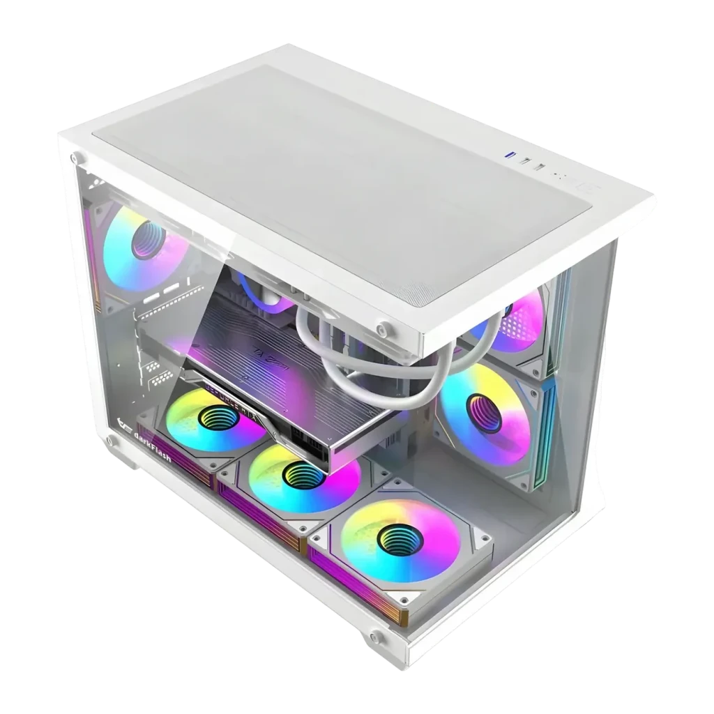 Boîtier PC Darkflash B275 PRO Verre Trempé 270° M-ATX / ITX 6 Ventilateurs Blanc, détail: vue isométrique avec 6