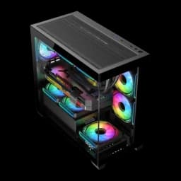 Caixa PC Darkflash C218M 2 Painéis Vidro Temperado Mini Tower mATX/ITX Preto, detalhe: interior com fans RGB e GPU GeForce