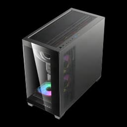 Caixa PC Darkflash C218M 2 Painéis Vidro Temperado Mini Tower mATX/ITX Preto, detalhe: vista isométrica com ventoinhas RGB