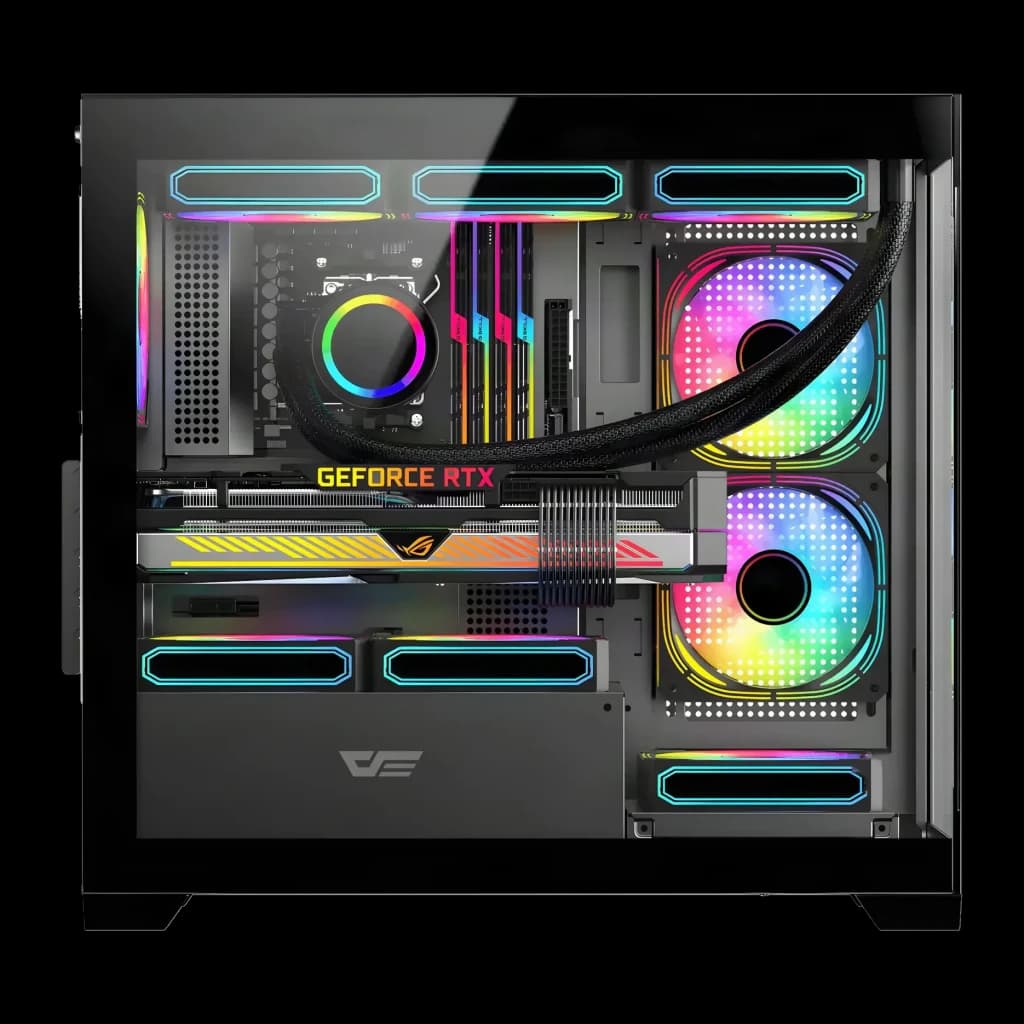 Caixa PC Darkflash C218M 2 Painéis Vidro Temperado Mini Tower mATX/ITX Preto, detalhe: interior com GPU RTX, ventoinhas ARGB