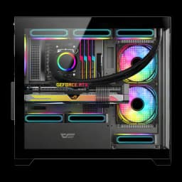 Caixa PC Darkflash C218M 2 Painéis Vidro Temperado Mini Tower mATX/ITX Preto, detalhe: interior com GPU RTX, ventoinhas ARGB