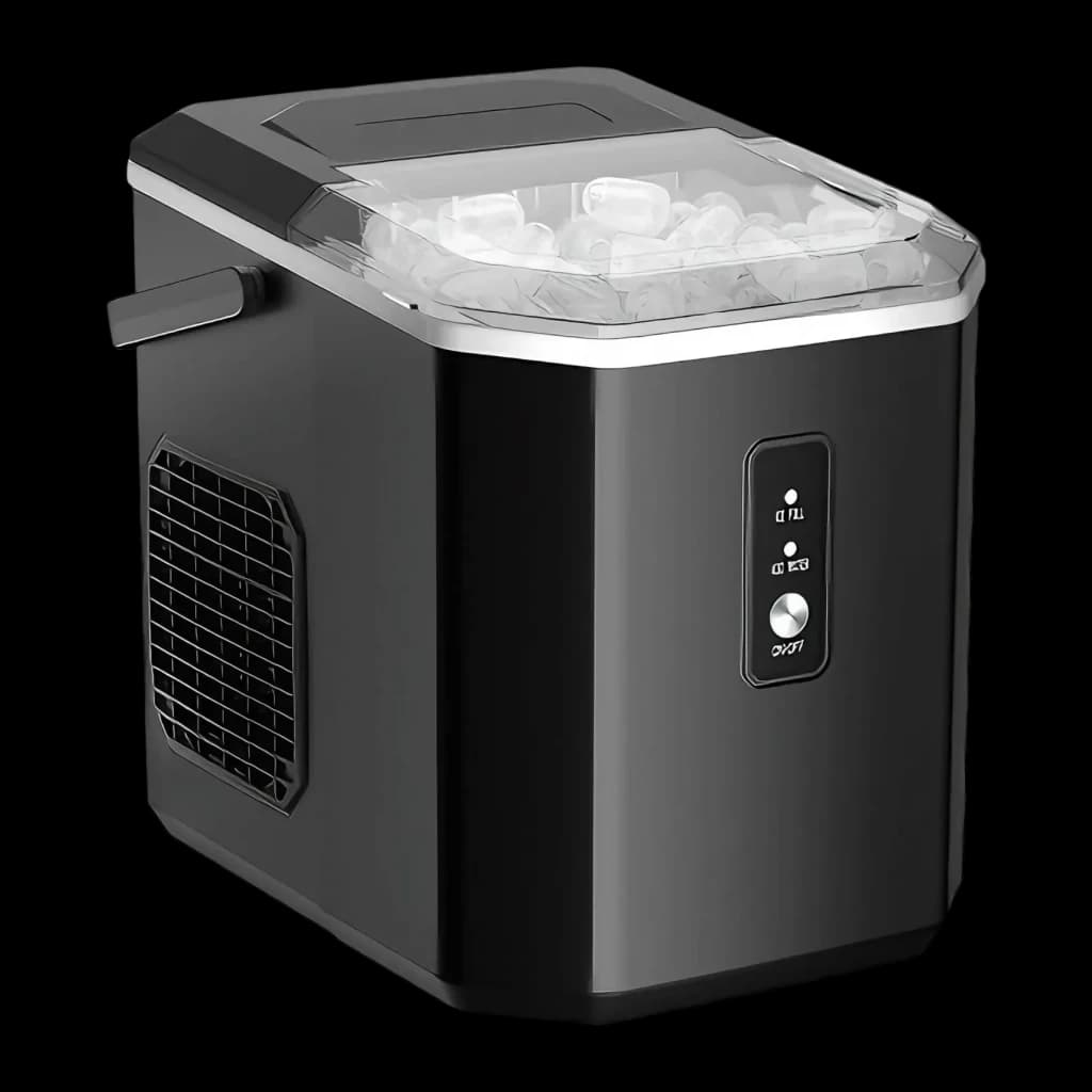 Máquina de gelo Euhomy IM011 1.2L 12 kg/dia Preto, vista frontal: corpo preto brilhante, tampa transparente com gelos