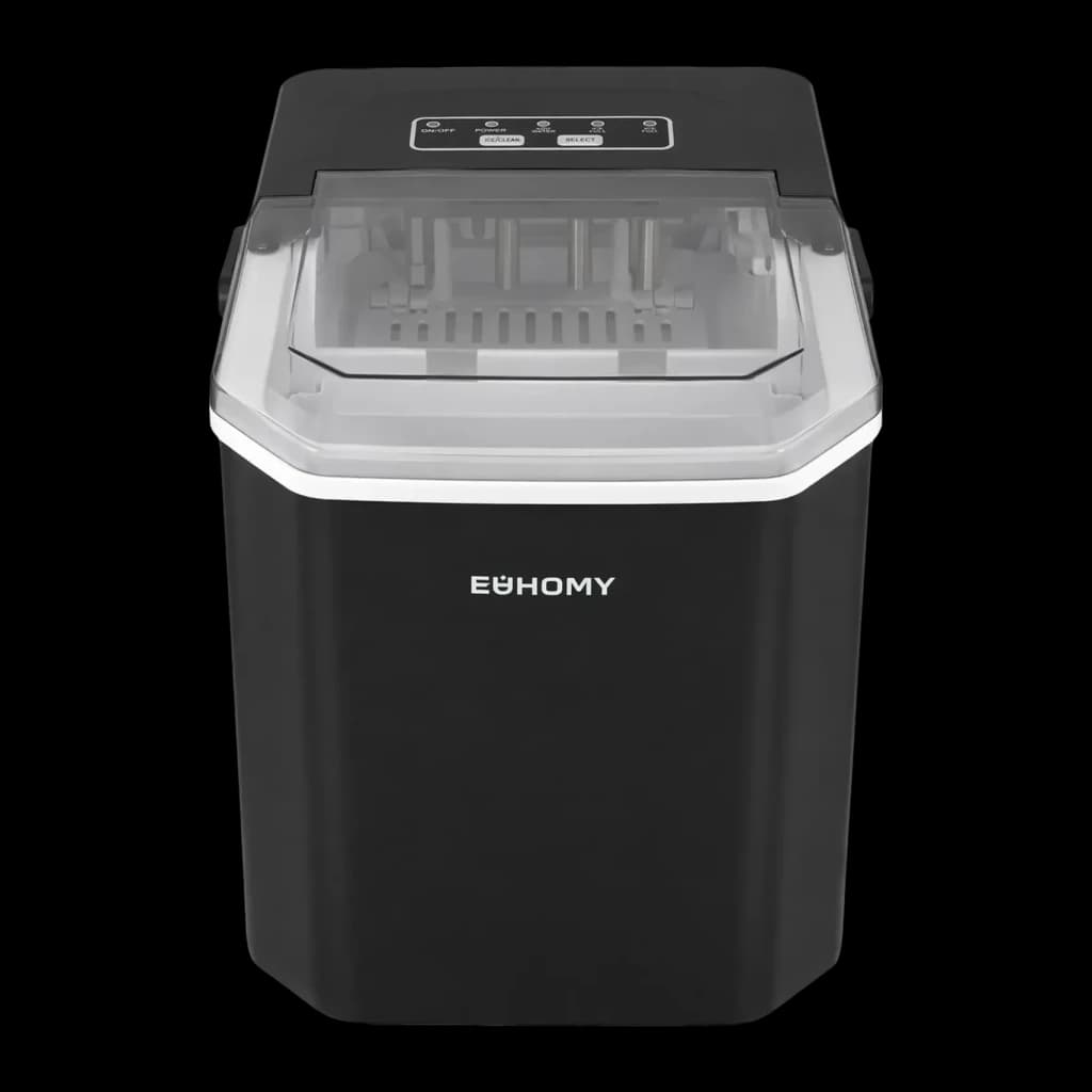 Máquina de gelo Euhomy IM011 1.2L 12 kg/dia Preto, detalhe frontal: tampa transparente, painel de controlo e logótipo Euhomy