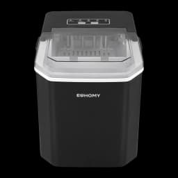 Máquina de gelo Euhomy IM011 1.2L 12 kg/dia Preto, detalhe frontal: tampa transparente, painel de controlo e logótipo Euhomy