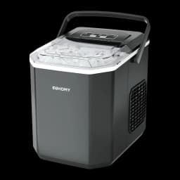 Máquina de gelo Euhomy IM011 1.2L 12 kg/dia Preto, detalhe: tampa transparente aberta com cubos de gelo, alça e grade