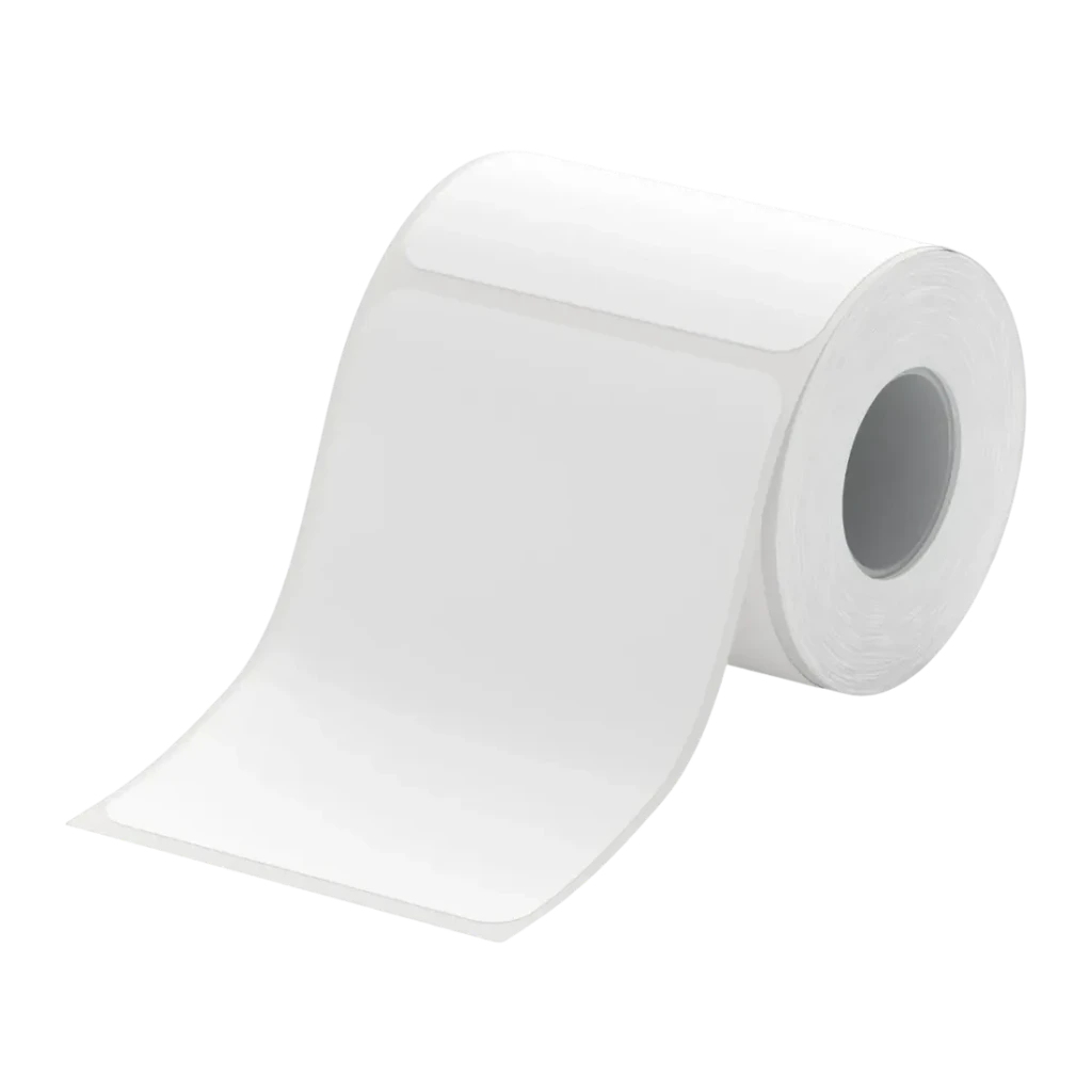 Etiquetas Térmicas Niimbot 50×70 mm 100 uds Blanco PL50*70-100, vista frontal: rollo de etiquetas blancas en ángulo