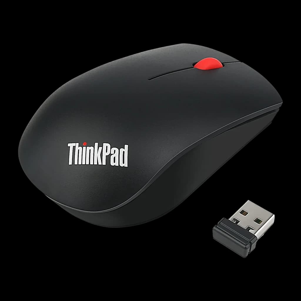 Ratón Lenovo ThinkPad Essential Negro Inalámbrico 2,4 GHz Ergonómico, vista superior: cuerpo negro mate, botón rojo y nano