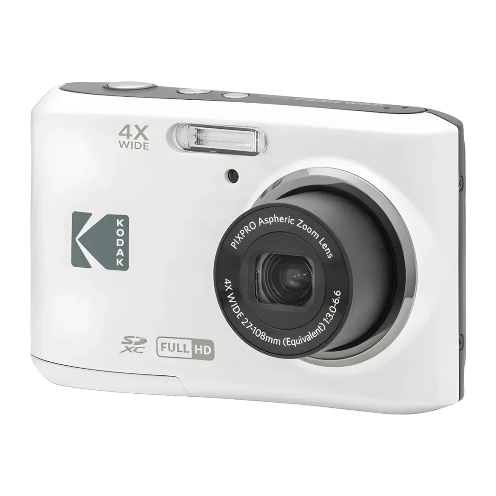 Appareil Photo Compact Kodak PIXPRO FZ45 Blanc CMOS 1/2.3 pouces Full HD 1080p 16MP, vue avant en angle: objectif zoom 4x
