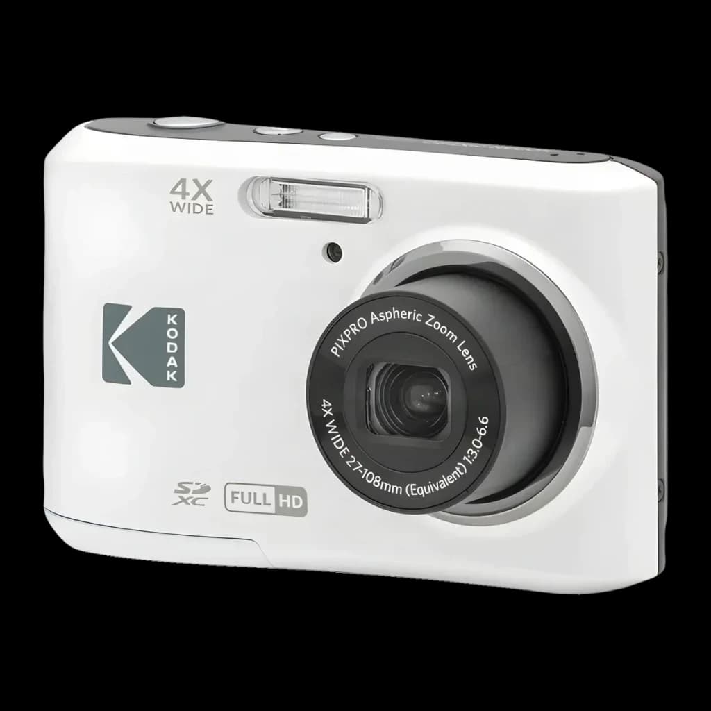 Appareil Photo Compact Kodak PIXPRO FZ45 Blanc CMOS 1/2.3 pouces Full HD 1080p 16MP, vue avant en angle: objectif zoom 4x
