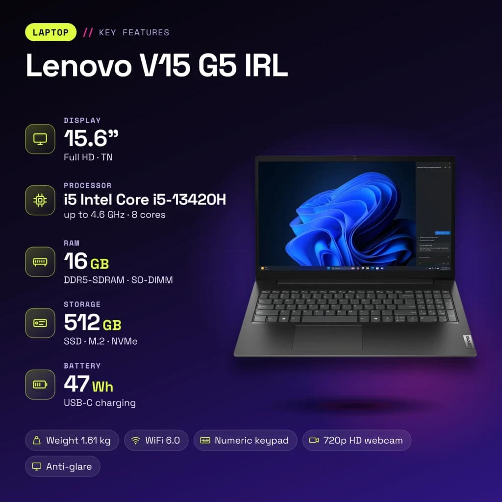 Portátil Lenovo V15 G5 IRL 16GB/512GB 15,6 polegadas FHD Intel Core i5-13420H SSD NVMe PCIe 4.0 Windows 11 Home Preto - características