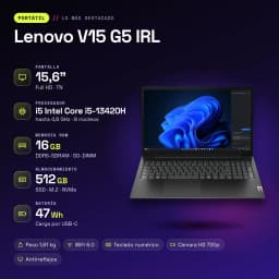Portátil Lenovo V15 G5 IRL 16GB/512GB 15,6 polegadas FHD Intel Core i5-13420H SSD NVMe PCIe 4.0 Windows 11 Home Preto - características