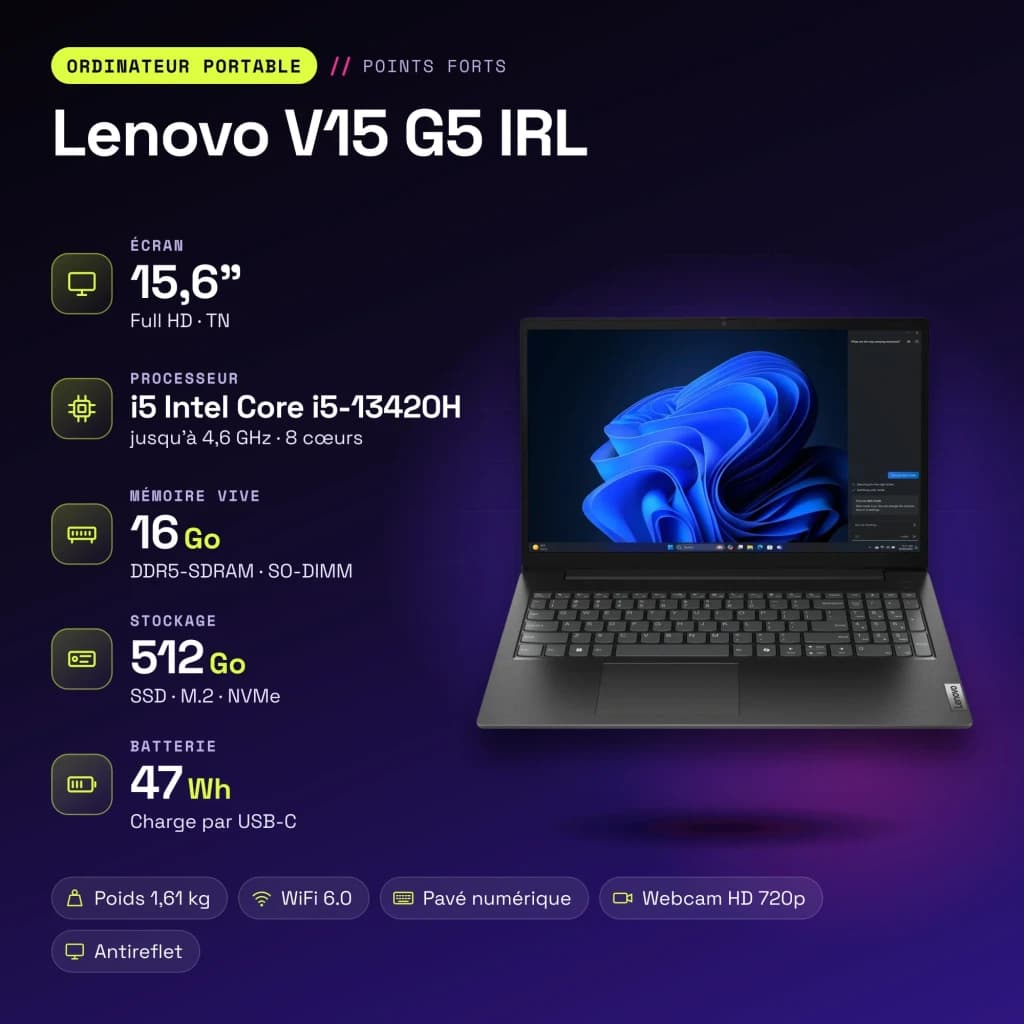 Portátil Lenovo V15 G5 IRL 16GB/512GB 15,6 polegadas FHD Intel Core i5-13420H SSD NVMe PCIe 4.0 Windows 11 Home Preto - características