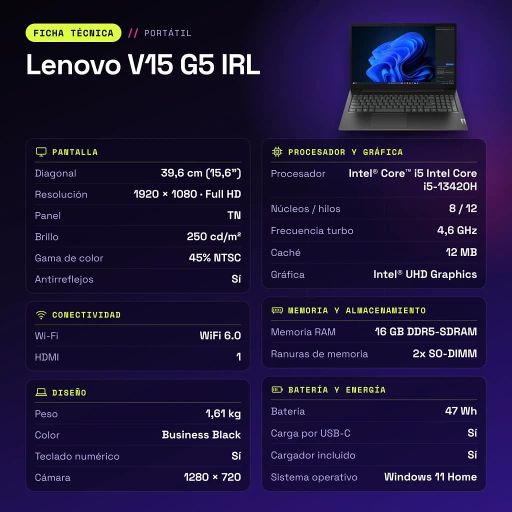 Portátil Lenovo V15 G5 IRL 16GB/512GB 15,6 polegadas FHD Intel Core i5-13420H SSD NVMe PCIe 4.0 Windows 11 Home Preto - características