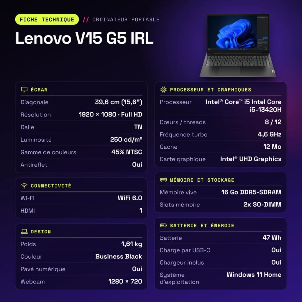 Portátil Lenovo V15 G5 IRL 16GB/512GB 15,6 polegadas FHD Intel Core i5-13420H SSD NVMe PCIe 4.0 Windows 11 Home Preto - características