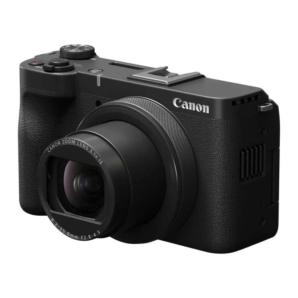 Câmara compacta Canon PowerShot V1 Preto CMOS 4K Ultra HD 22,3MP, vista frontal em ângulo: objetiva zoom 3.1x F2.8-4.5