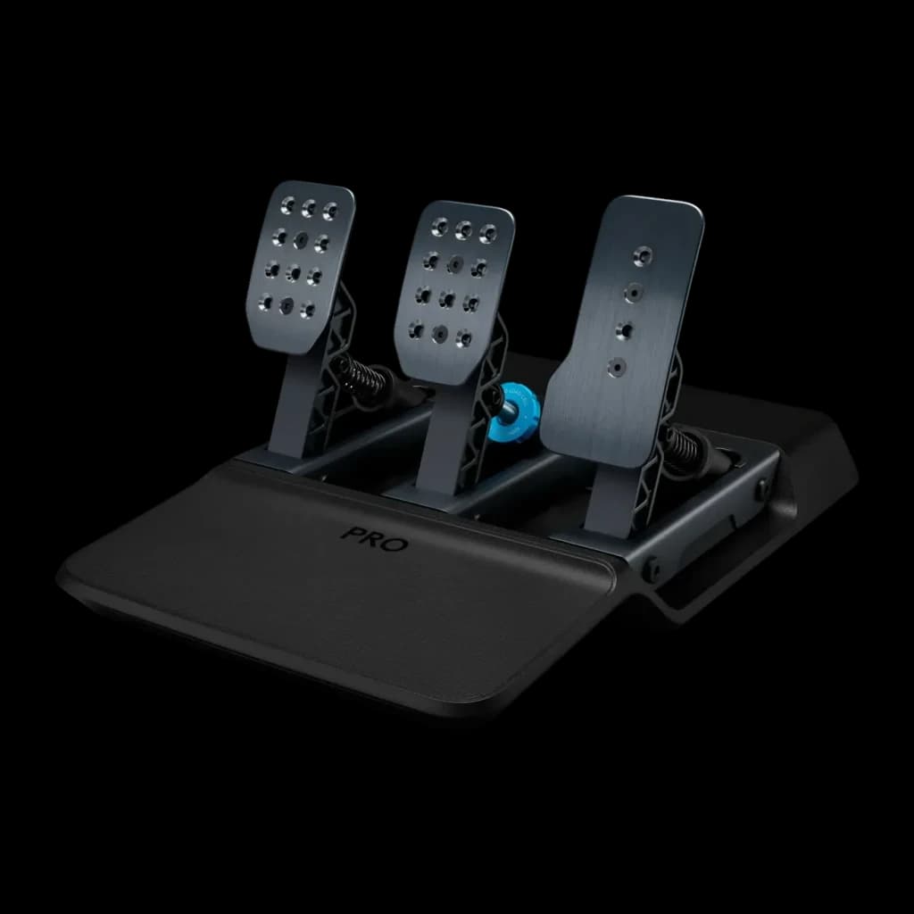 Pedais de simulação Logitech G PRO Racing Pedals Travão Célula de Carga Preto, vista em ângulo: três pedais metálicos