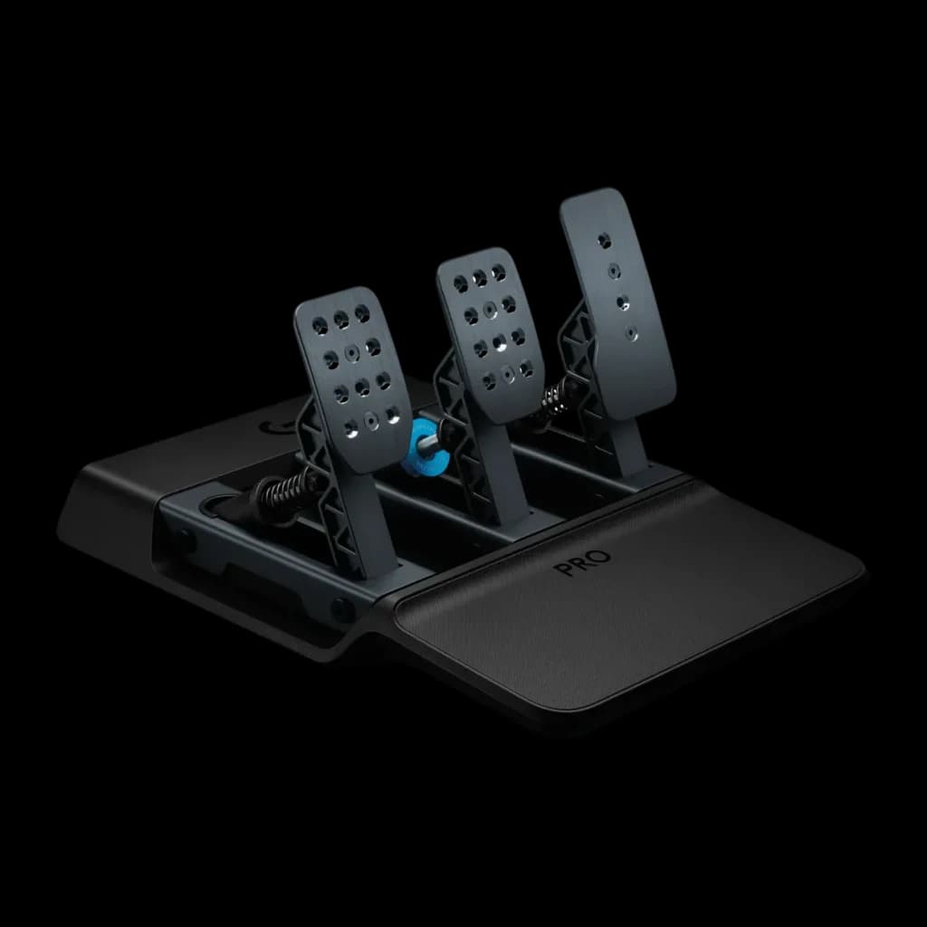 Pedais de simulação Logitech G PRO Racing Pedals Travão Célula de Carga Preto, vista diagonal: 3 pedais metálicos perfurados