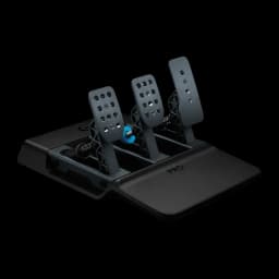 Pedais de simulação Logitech G PRO Racing Pedals Travão Célula de Carga Preto, vista diagonal: 3 pedais metálicos perfurados