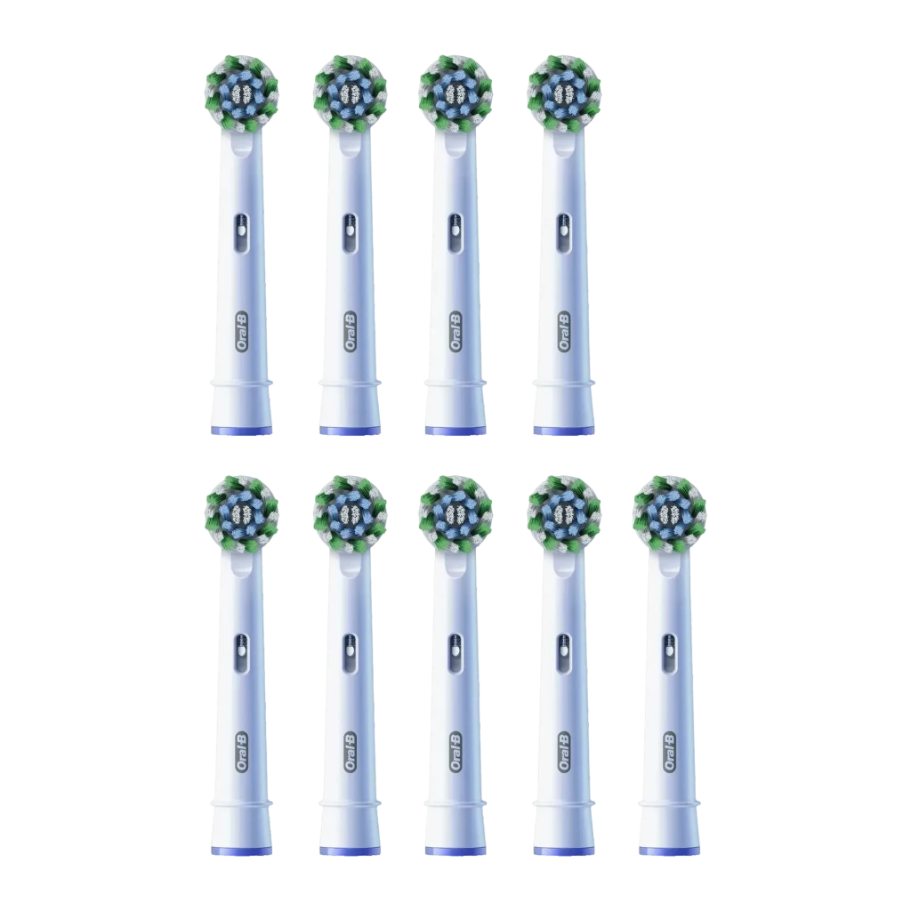 Oral-B CrossAction Pro Pack 9 Cabezales Blanco, vista frontal: 9 cabezales en 2 filas sobre fondo negro, cerdas cruzadas