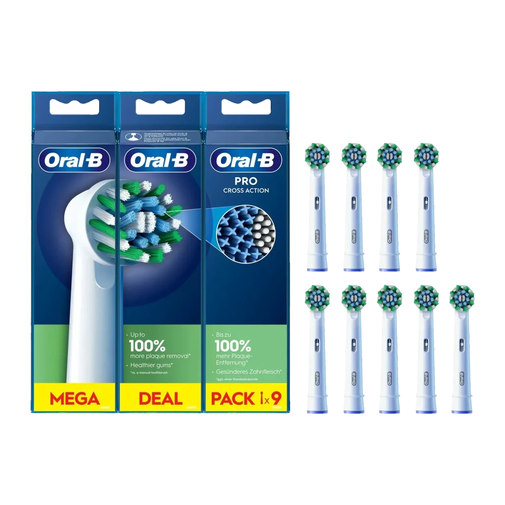 Oral-B CrossAction Pro Pack 9 Cabezales Blanco, vista conjunto: 3 cajas Mega Deal Pack y 9 cabezales blancos desplegados