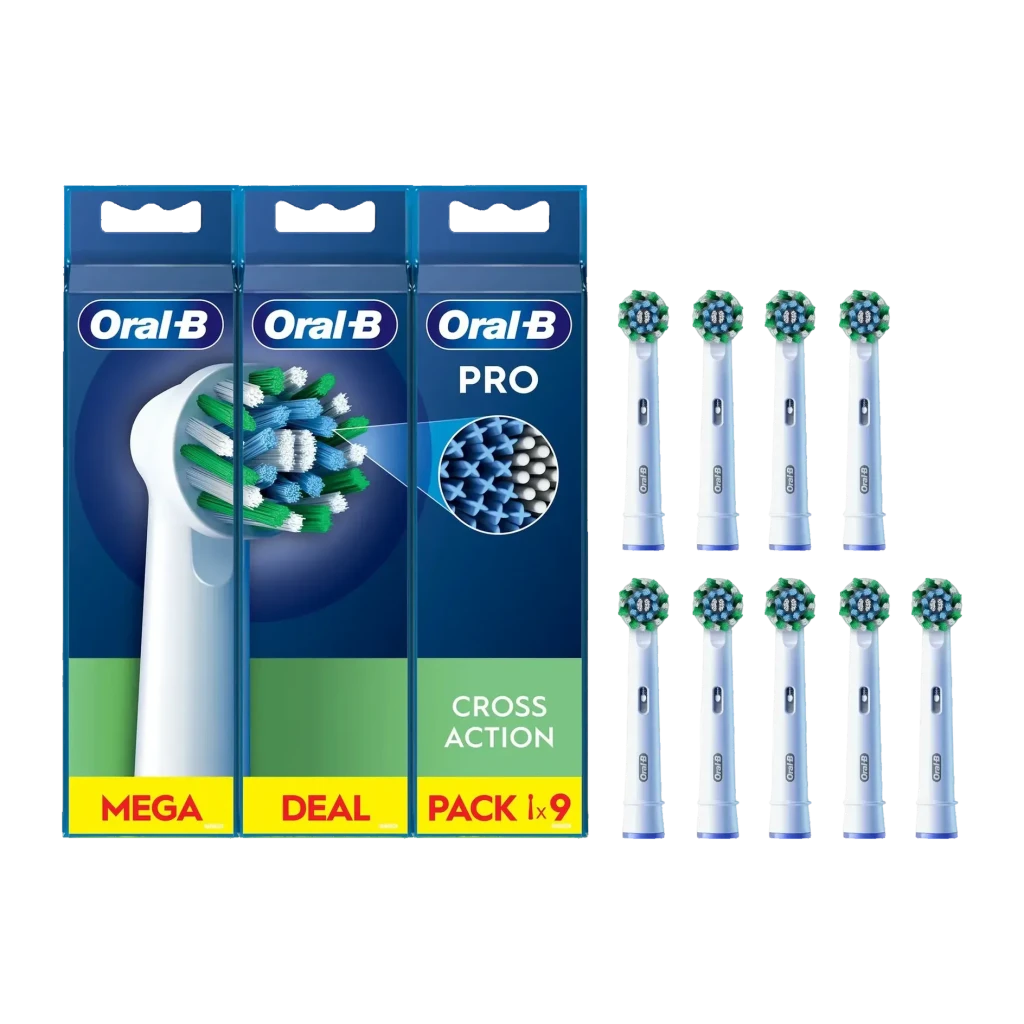 Oral-B CrossAction Pro Pack 9 Cabezales Blanco, vista frontal: 3 cajas Mega Deal Pack junto a los 9 cabezales blancos