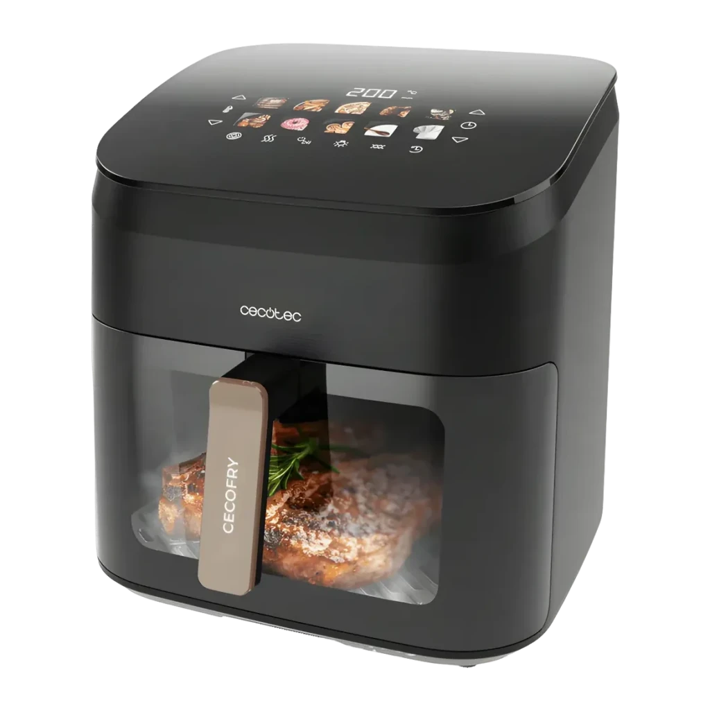 Fritadeira de ar Cecotec Cecofry&Grill Smokin' 8500 8,5L 2200W 10 programas Preto/Castanho, vista frontal em ângulo: painel