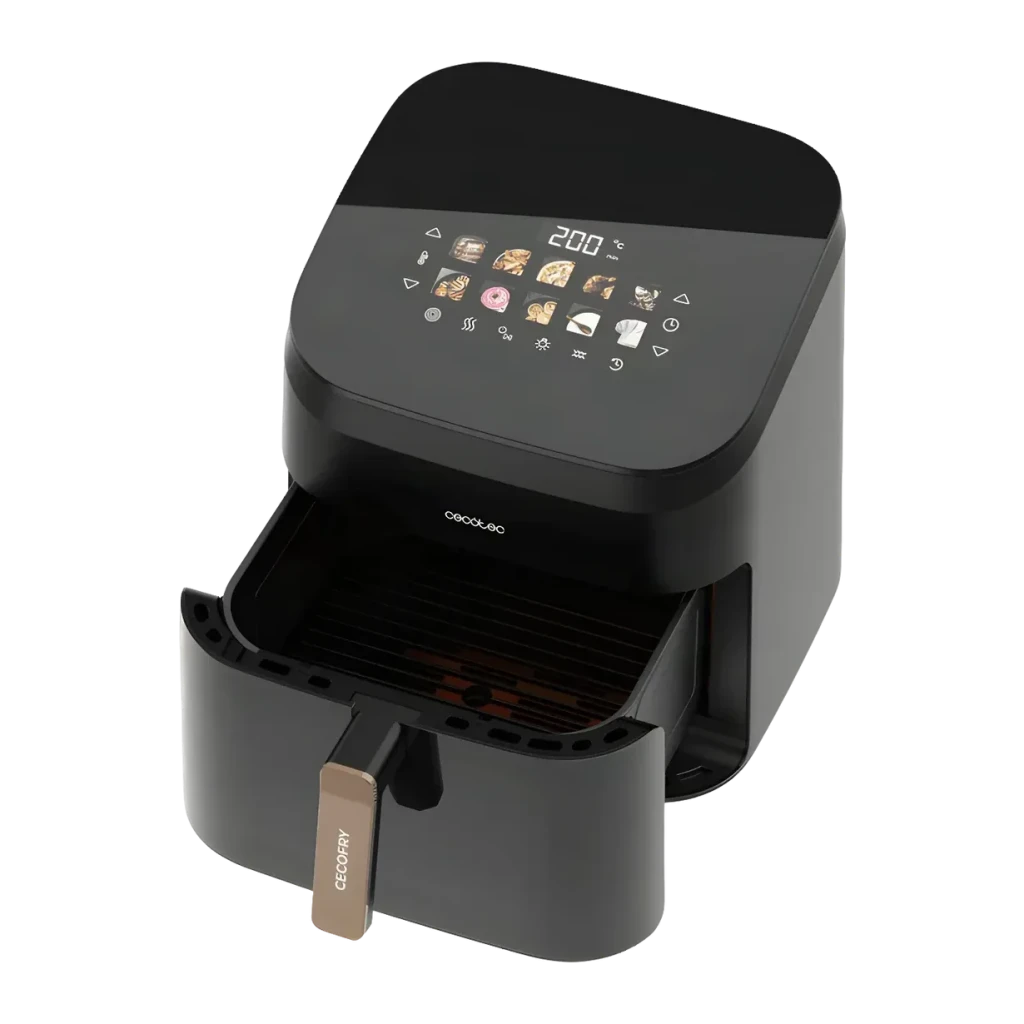 Fritadeira de ar Cecotec Cecofry&Grill Smokin' 8500 8,5L 2200W 10 programas Preto/Castanho, vista em perspetiva: gaveta