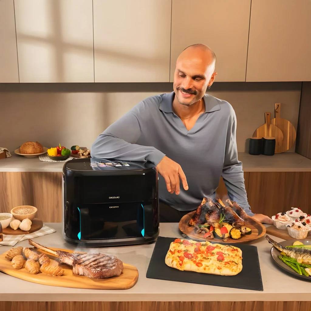 Fritadeira de Ar Cecotec Cecofry&Grill Smokin'Prime 11000 11L 2800W 10 Programas Preto, lifestyle: homem na cozinha