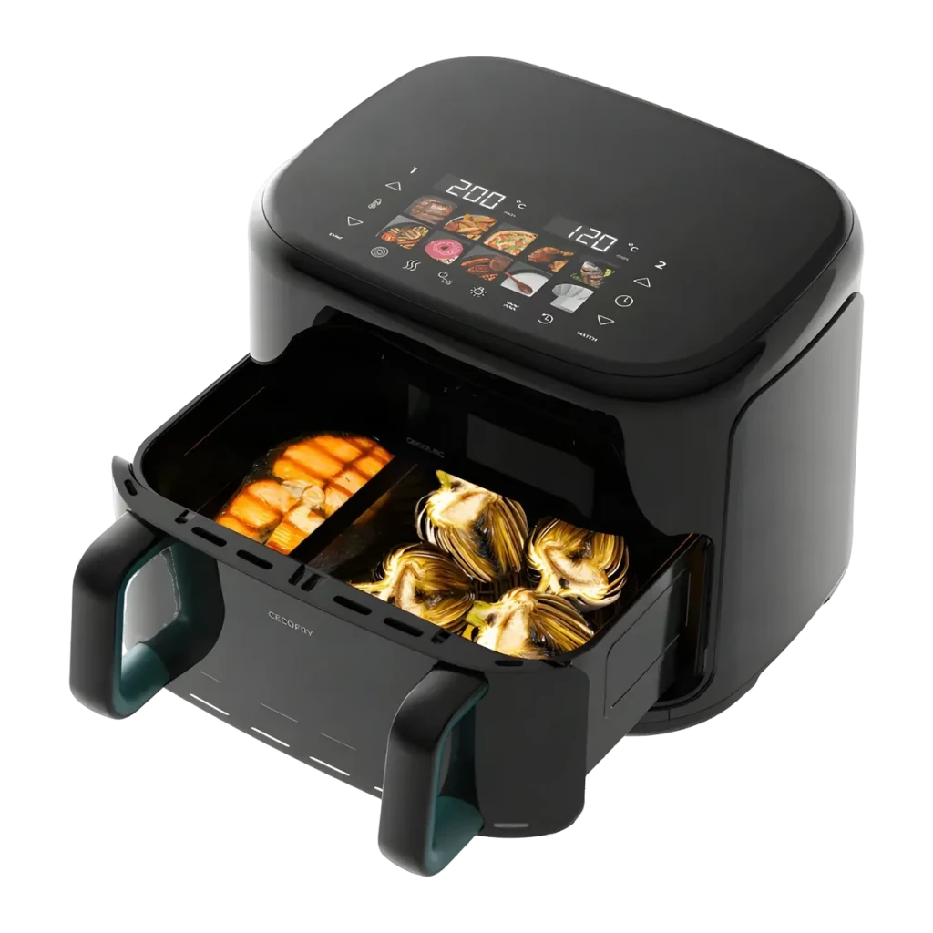 Fritadeira de Ar Cecotec Cecofry&Grill Smokin'Prime 11000 11L 2800W 10 Programas Preto, vista superior: gaveta dupla aberta