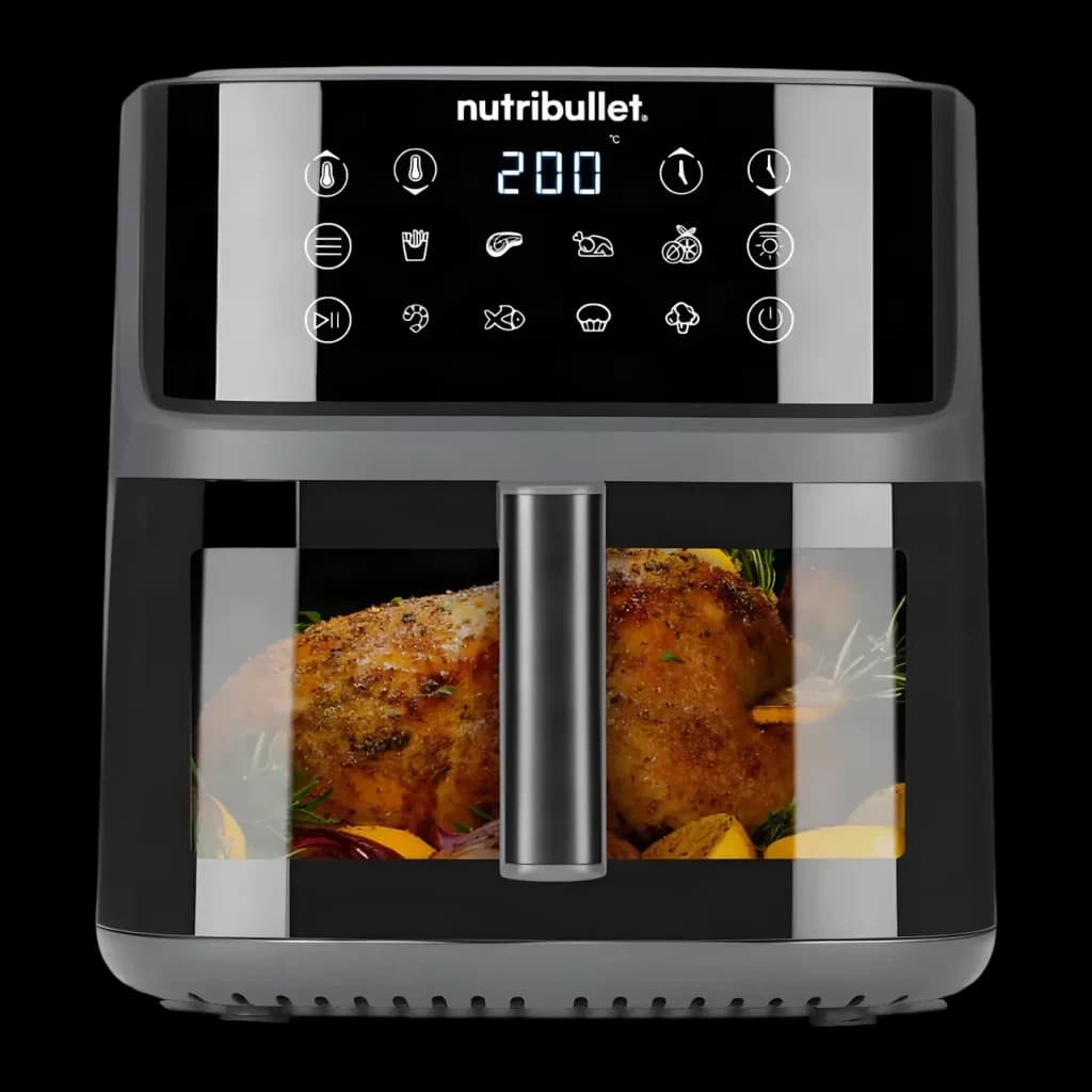 Friteuse à air NutriBullet CrispLite Vision 8L 2000W 8 programmes Noir, vue de face: panneau tactile digital à 200°C