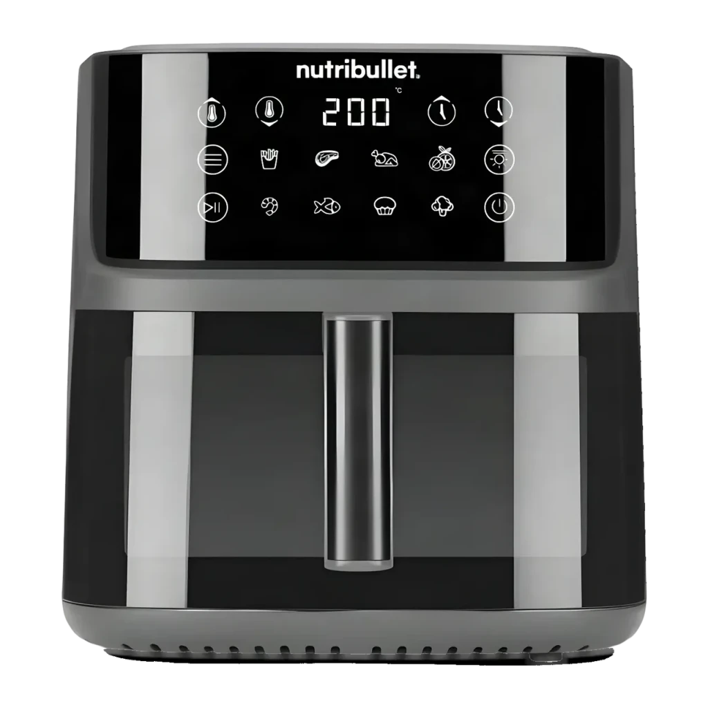 Friteuse à air NutriBullet CrispLite Vision 8L 2000W 8 programmes Noir, vue de face: panneau tactile avec affichage à 200°C