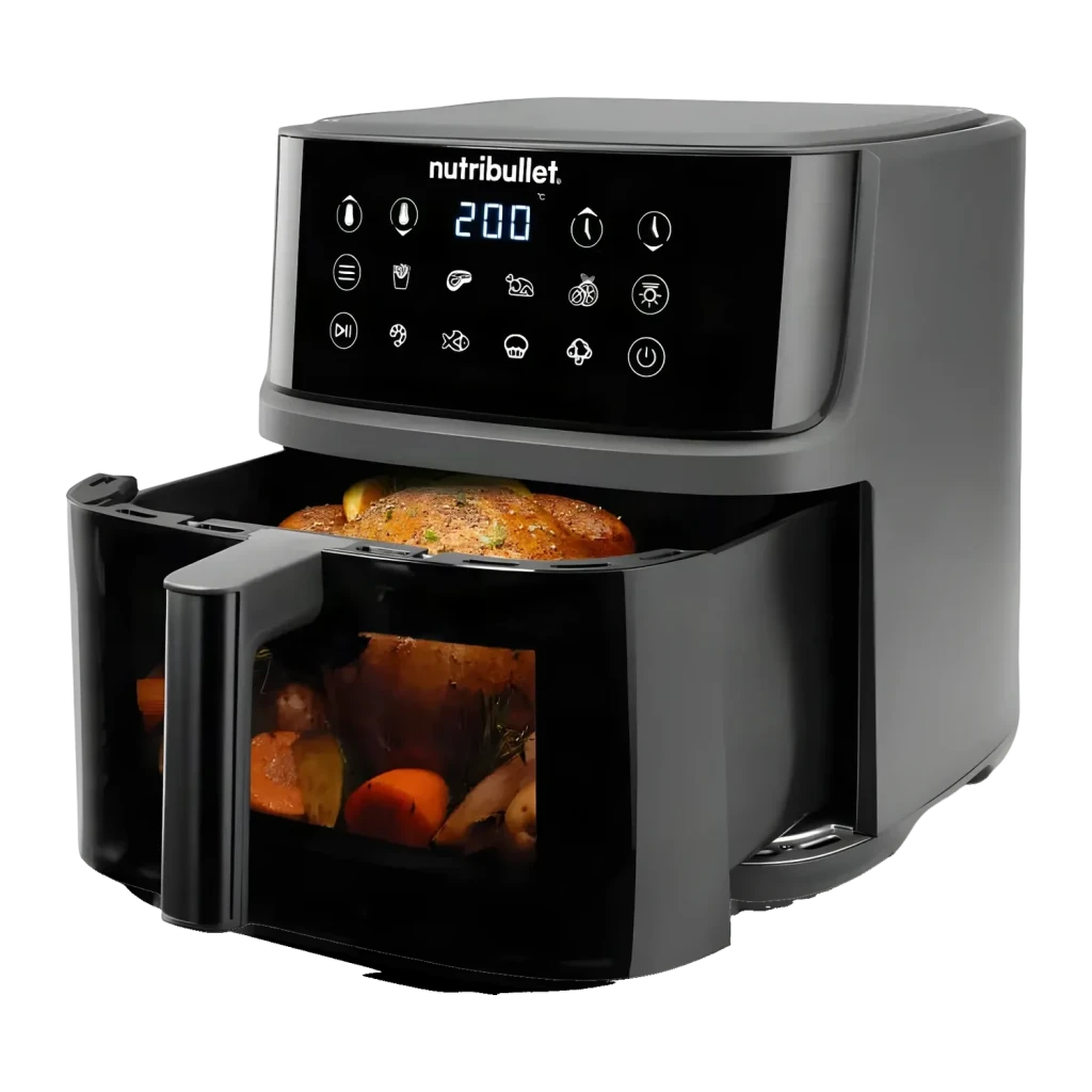 Friteuse à air NutriBullet CrispLite Vision 8L 2000W 8 programmes Noir, vue avant en angle: panneau tactile à 200°C
