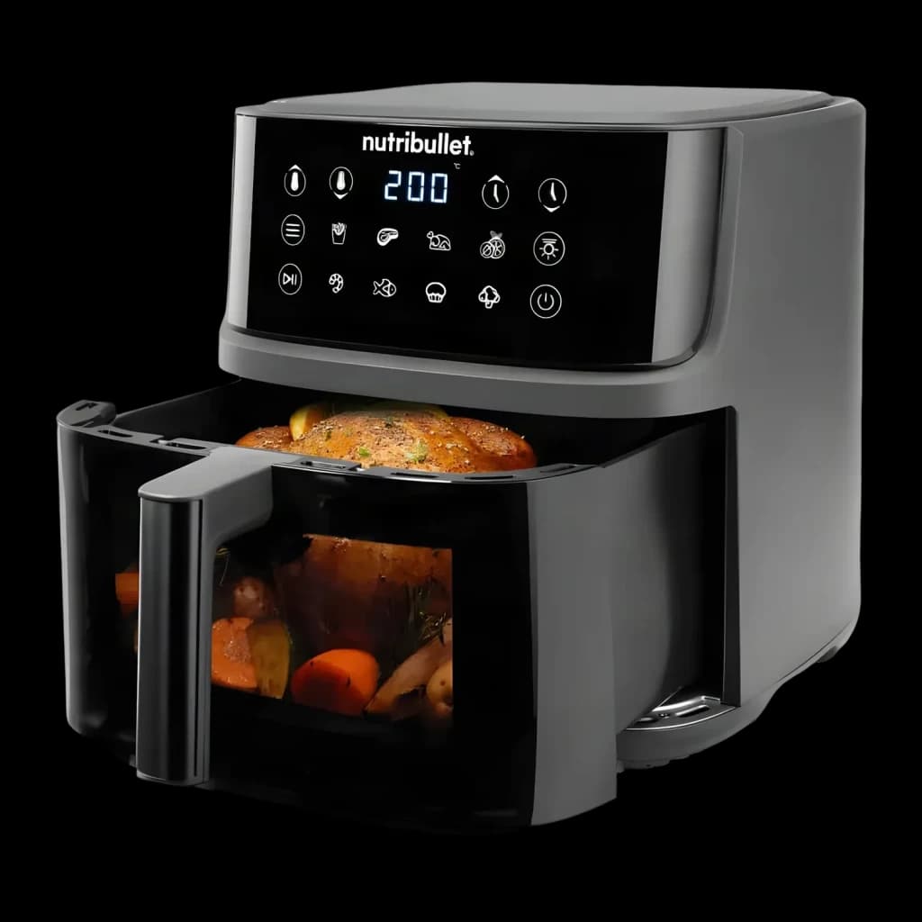 Friteuse à air NutriBullet CrispLite Vision 8L 2000W 8 programmes Noir, vue avant en angle: panneau tactile à 200°C