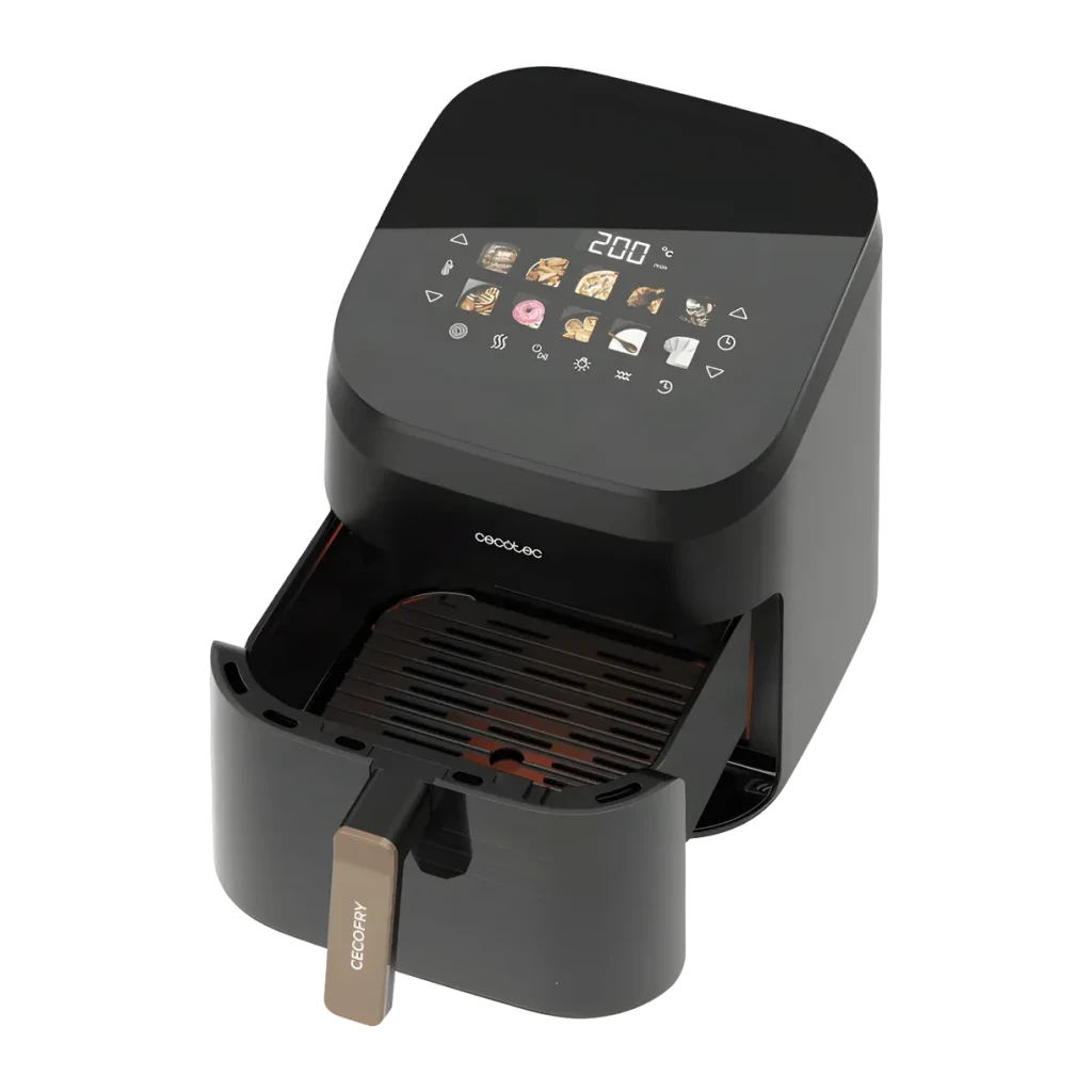 Fritadeira de Ar Cecotec Cecofry&Grill Smokin' 6500 6,5L 2200W 10 Programas Preto/Castanho, vista em perspetiva: gaveta