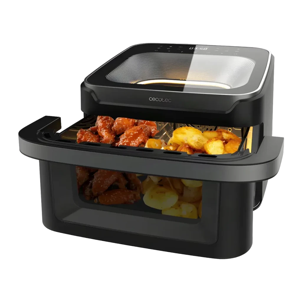 Fritadeira de ar Cecotec Cecofry Advance 10000 Full Vision 10L 2200W 12 programas Preto, vista lateral aberta: cesto