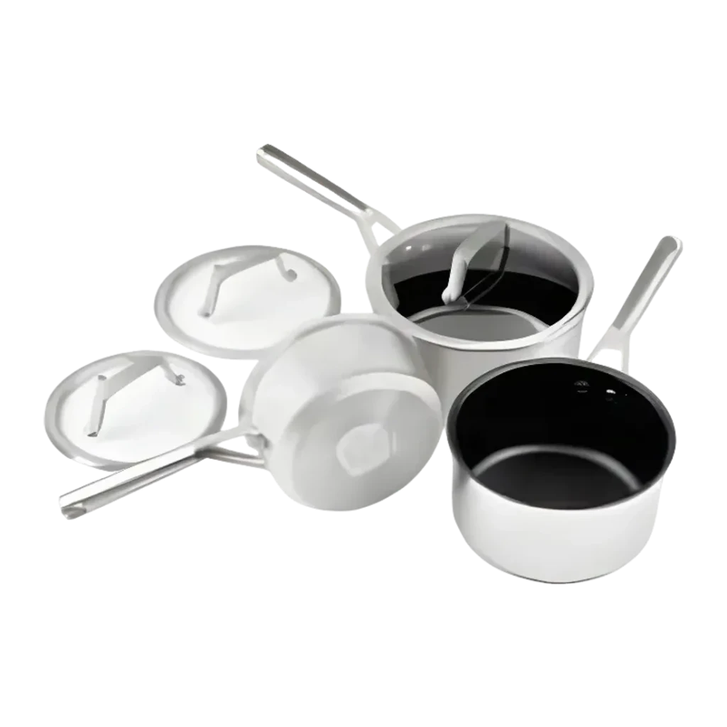 Conjunto de caçarolas Ninja Preto/Prata C63000EU, vista geral: 3 caçarolas com tampas, exterior branco e interior preto