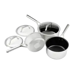 Conjunto de caçarolas Ninja Preto/Prata C63000EU, vista geral: 3 caçarolas com tampas, exterior branco e interior preto